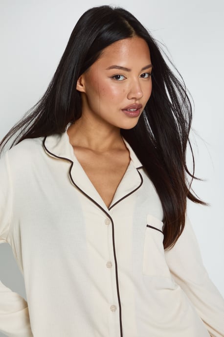 Petite Soft Rib Long Sleeve Shirt & Trouser PJ Set - Image 4