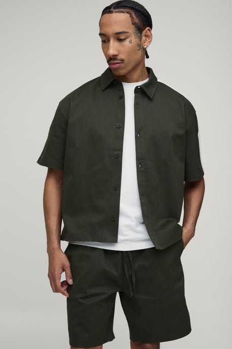 Twill Contrast Tape Oversized Boxy Shirt & Baggy Shorts Set - Image 3