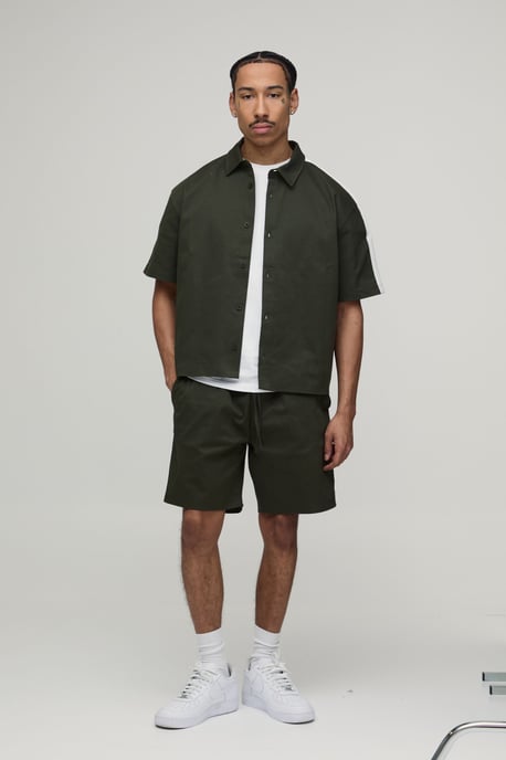 Twill Contrast Tape Oversized Boxy Shirt & Baggy Shorts Set - Image 4
