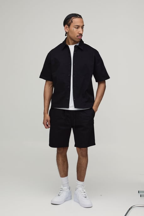Twill Contrast Tape Oversized Boxy Shirt & Baggy Shorts Set - Image 4