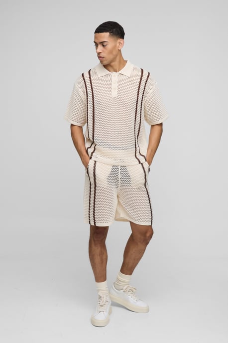 Boxy Fit Open Stitch Stripe Button Neck Knitted Polo Shorts Set - Image 1