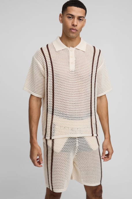 Boxy Fit Open Stitch Stripe Button Neck Knitted Polo Shorts Set - Image 3