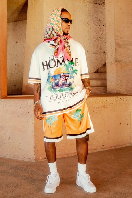 Boxy Oversized Satin Graphic Shirt And Shorts Set - Image 1