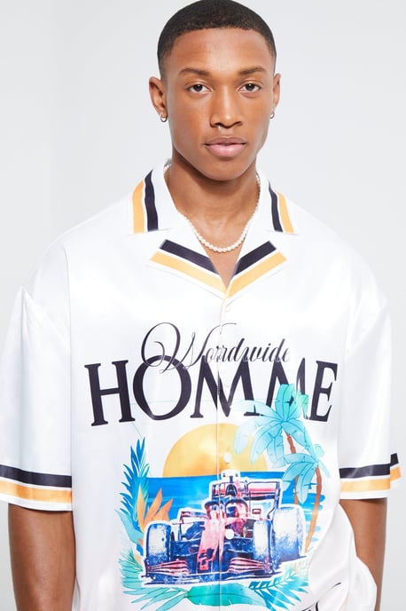 Boxy Oversized Satin Graphic Shirt And Shorts Set - Image 3