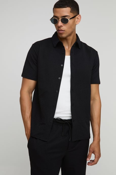 Short Sleeve Textured Stretch Shirt And Trousers Set - Image 1