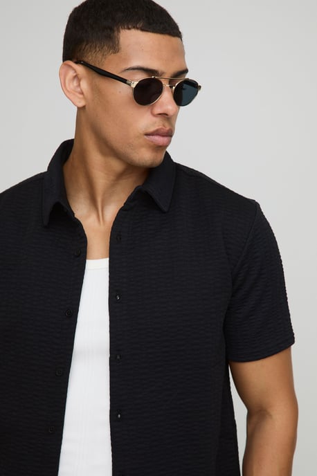 Short Sleeve Textured Stretch Shirt And Trousers Set - Image 3