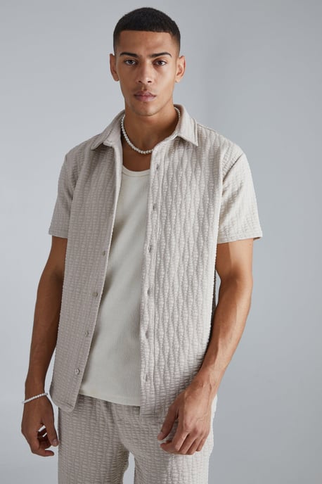 Short Sleeve Textured Stretch Regular Fit Shirt And Trousers Set - Image 3