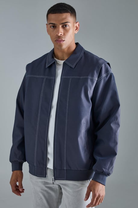 Oversized PU Panel Detail Bomber Jacket In Navy - Image 1