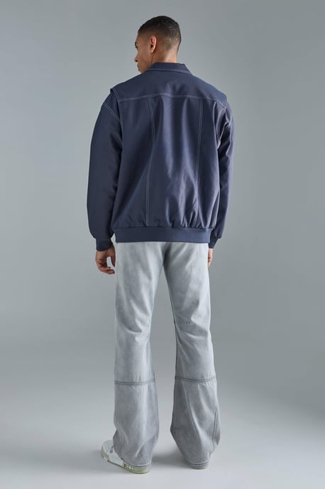 Oversized PU Panel Detail Bomber Jacket In Navy - Image 2