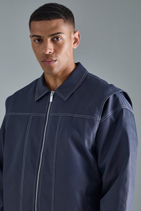 Oversized PU Panel Detail Bomber Jacket In Navy - Image 3