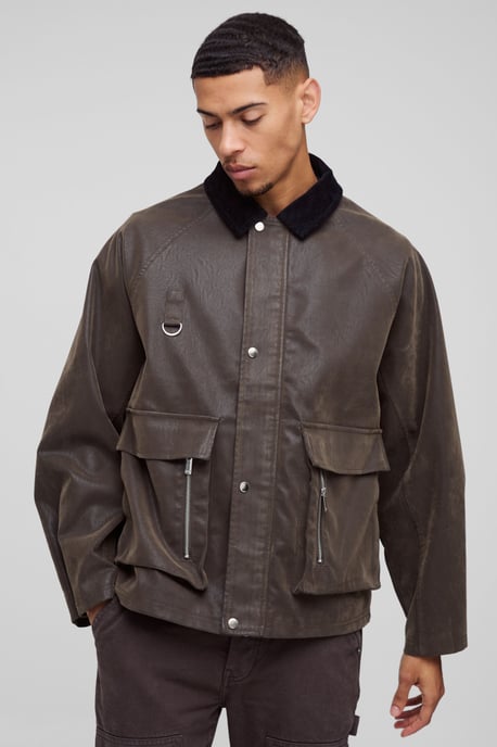 Oversized Boxy Peached PU Contrast Collar Worker Jacket - Image 1