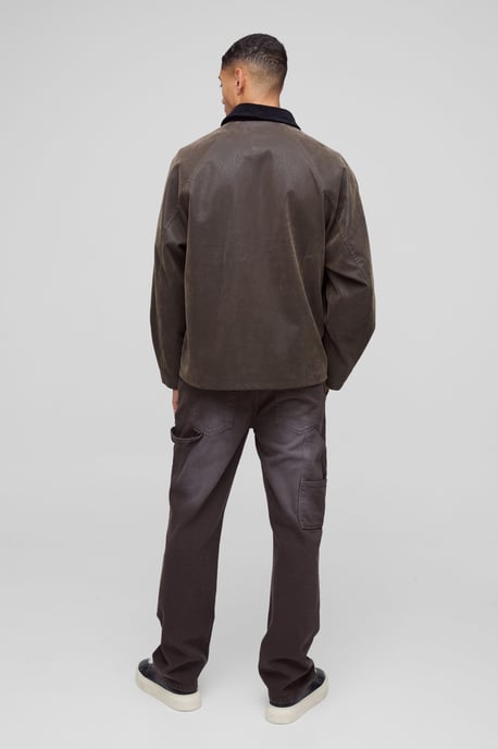 Oversized Boxy Peached PU Contrast Collar Worker Jacket - Image 2