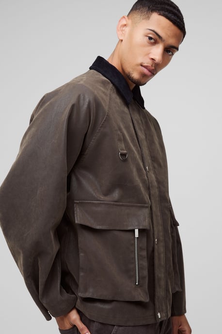 Oversized Boxy Peached PU Contrast Collar Worker Jacket - Image 3