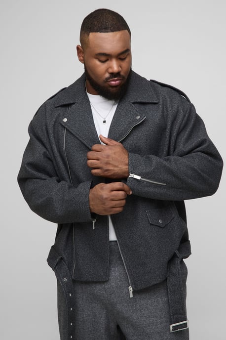 Plus Oversized Wool Look Biker Jacket - Image 1