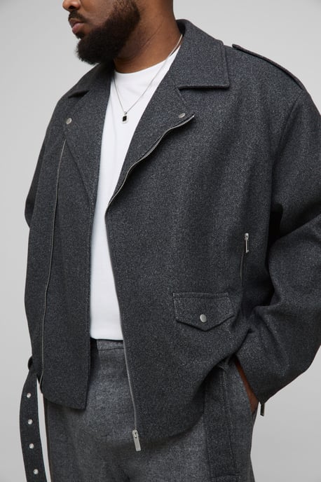 Plus Oversized Wool Look Biker Jacket - Image 3