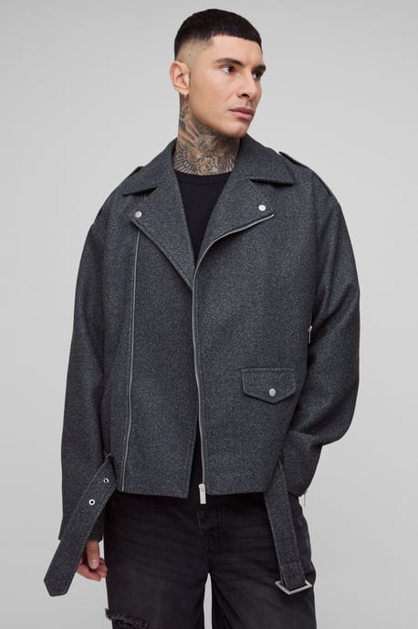 Tall Oversized Wool Look Biker Jacket - Image 1