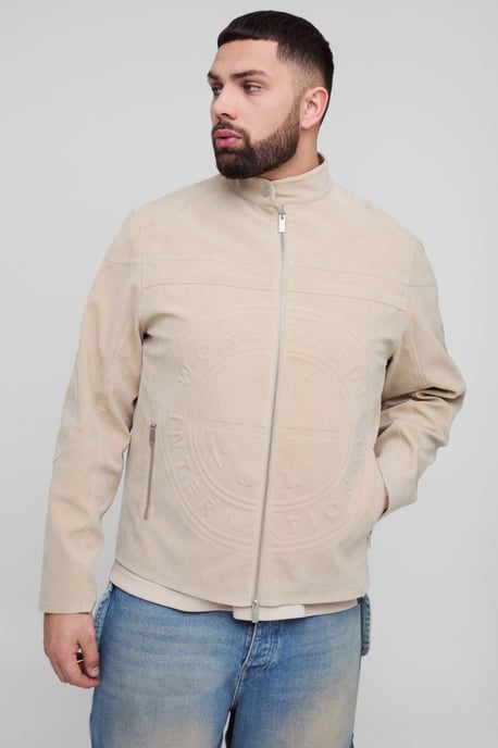 Plus Tumbled Faux Suede Embossed Regular Fit Biker Jacket - Image 1