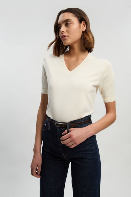 Viscose Blend V Neck Knitted Short Sleeve Top - Image 1