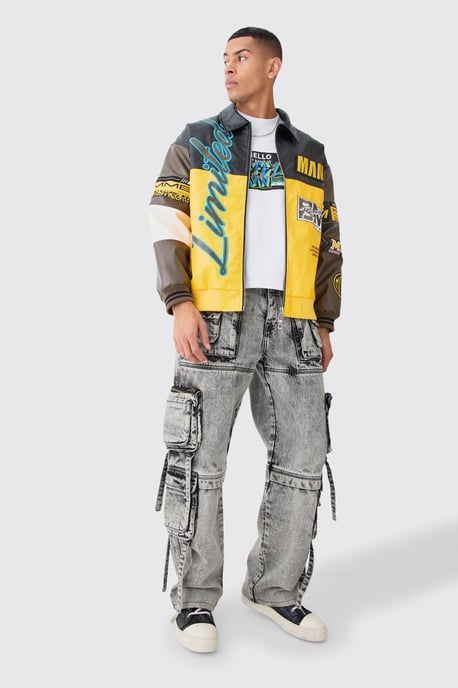 Baggy Rigid Multi Cargo Pocket Strap Detail Acid Wash Jeans - Image 3