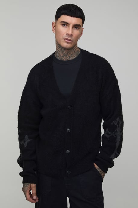 Tall Relaxed Boxy Brushed Gothic Cross Knitted Cardigan - Image 3