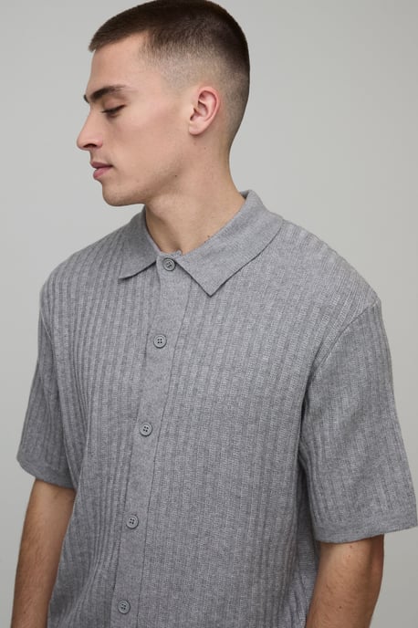 Boxy Fit Soft Touch Short Sleeve Ribbed Knitted Shirt - Image 3