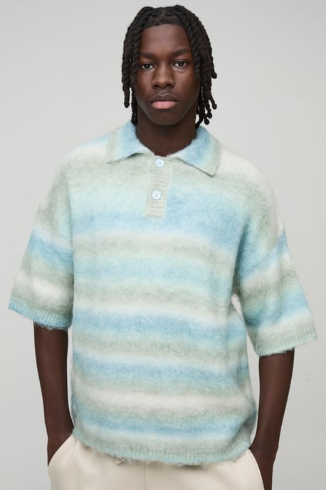 Oversized Brushed Stripe Short Sleeve Knitted Polo - Image 1