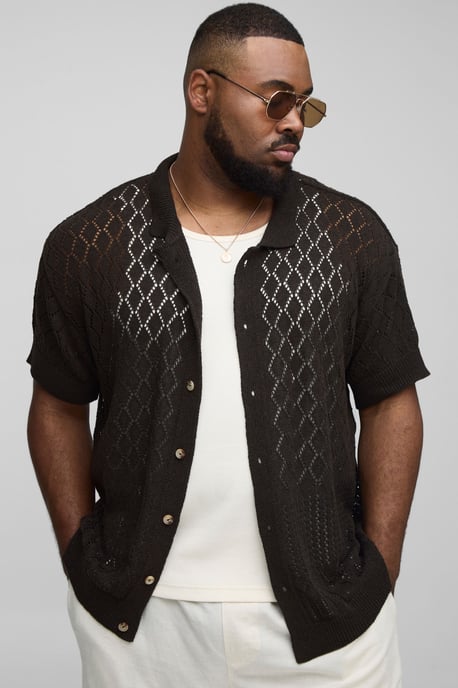 Plus Open Stitch Crochet Relaxed Polo Shirt - Image 1