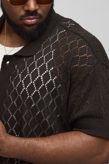 Plus Open Stitch Crochet Relaxed Polo Shirt - Image 3