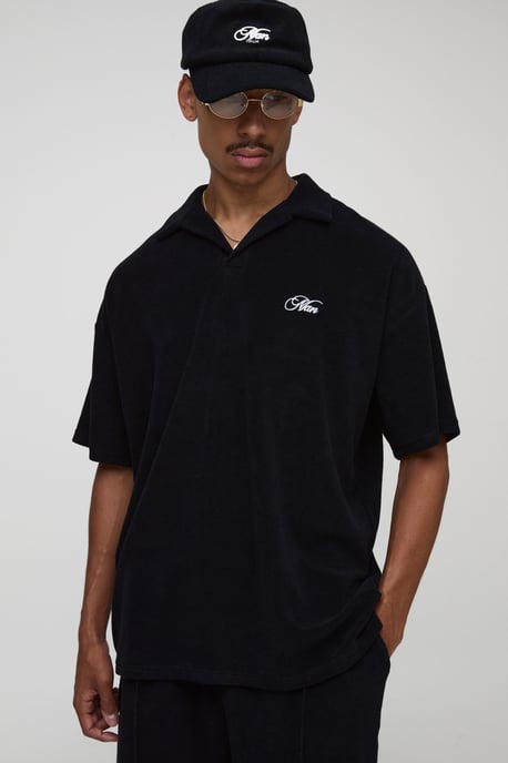 Black Oversized Revere Embroidered Towelling Polo - Image 1