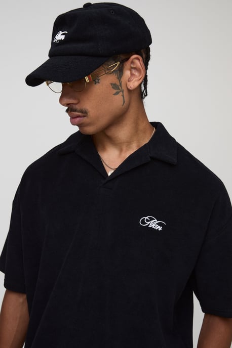 Black Oversized Revere Embroidered Towelling Polo - Image 3