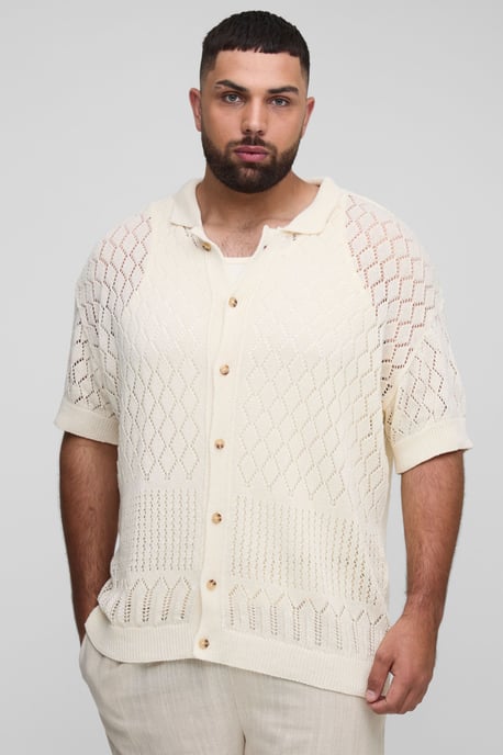 Plus Open Stitch Crochet Relaxed Polo Shirt - Image 1