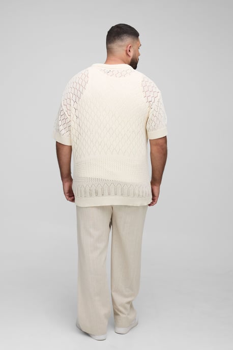 Plus Open Stitch Crochet Relaxed Polo Shirt - Image 2