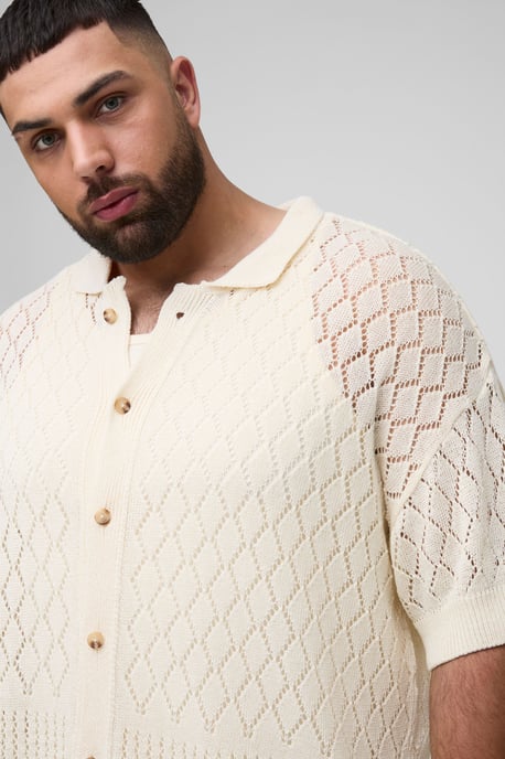 Plus Open Stitch Crochet Relaxed Polo Shirt - Image 3