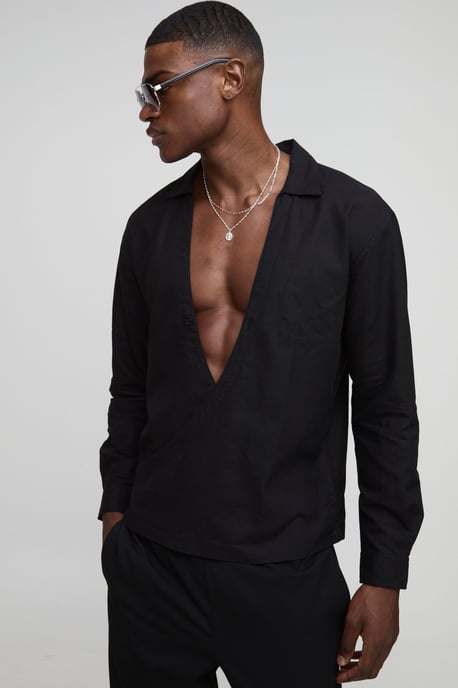 Oversized Wrap Front Long Sleeve Linen Blend Shirt - Image 1