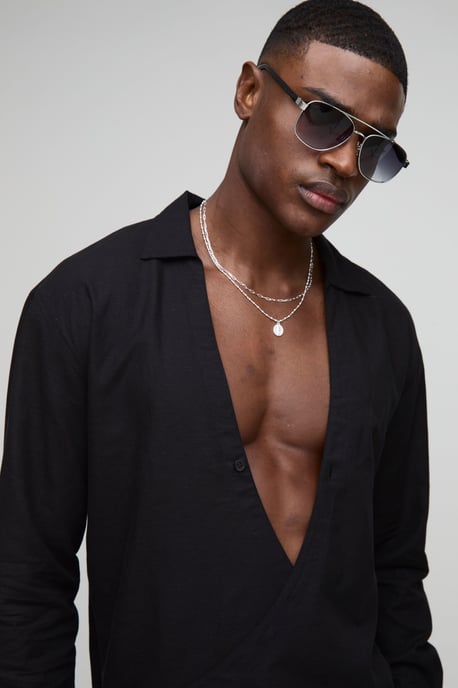 Oversized Wrap Front Long Sleeve Linen Blend Shirt - Image 3