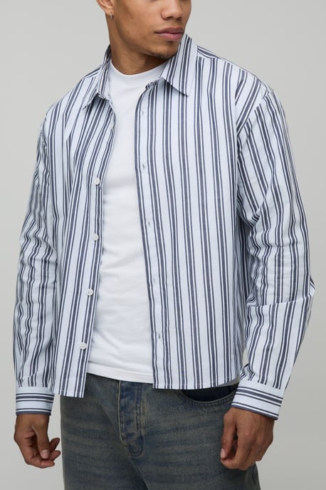 Oversized Boxy Stripe Long Sleeve Curved Hem Shirt - Image 1