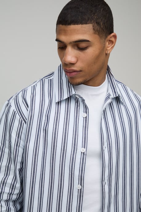 Oversized Boxy Stripe Long Sleeve Curved Hem Shirt - Image 3