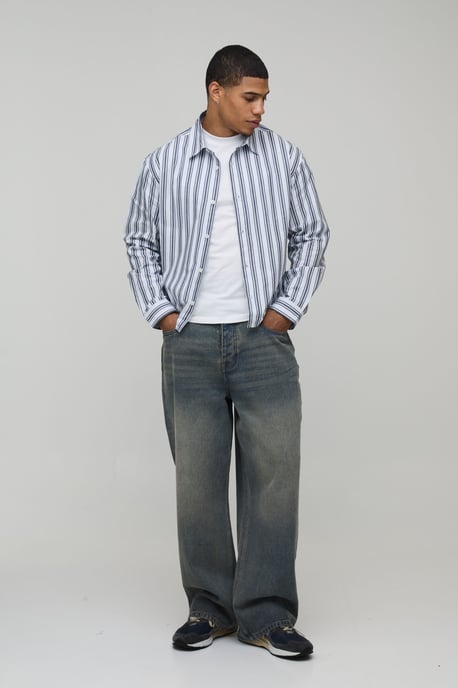 Oversized Boxy Stripe Long Sleeve Curved Hem Shirt - Image 4