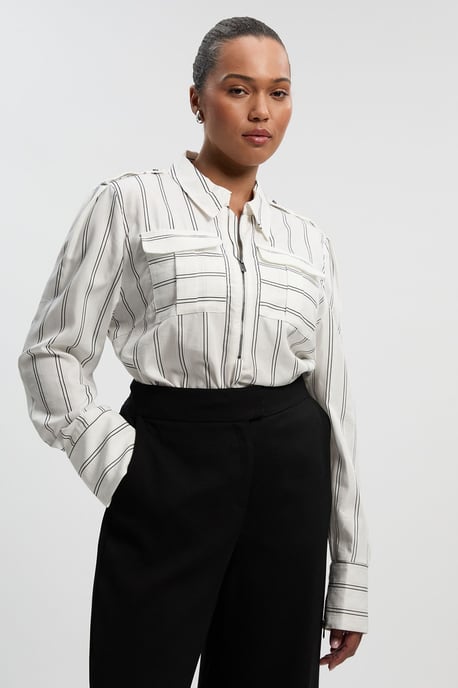 Plus Size Bold Stripe Cotton Woven Utility Shirt - Image 1