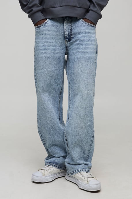 Relaxed Fit All Over Clear Rhinestone Embellished Jeans - Image 1