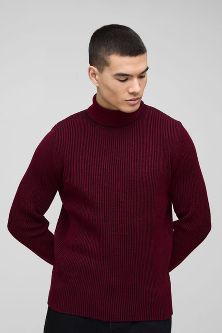 Regular Fit Funnel Neck Plated Ribbed Knit Jumper - Image 1