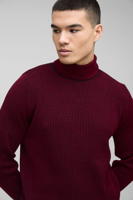 Regular Fit Funnel Neck Plated Ribbed Knit Jumper - Image 3