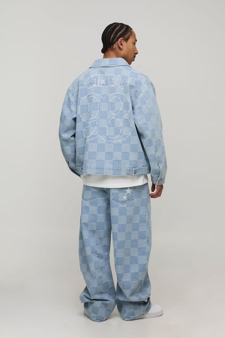 Barrel Fit Checkerboard Jacquard Denim Jeans - Image 2