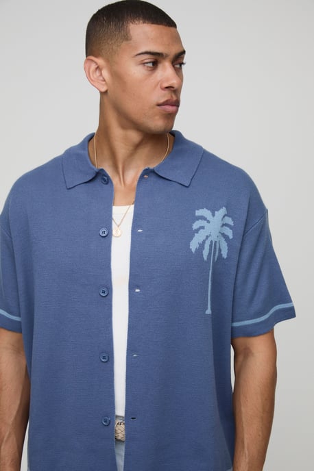 Relaxed Fit Scenic Palm Tree Jacquard Knitted Shirt - Image 3