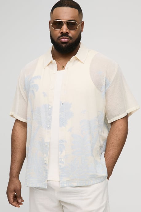 Plus Oversized Crochet Palm Tree Jacquard Shirt - Image 1