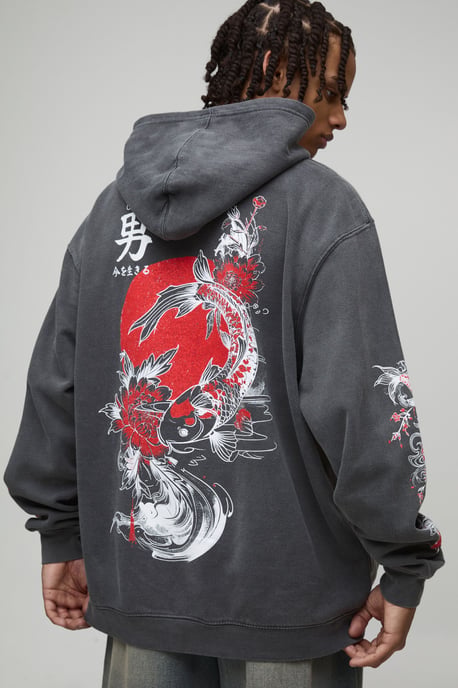 Washed Charcoal Oversized Dragon Floral Printed Hoodie - Image 1