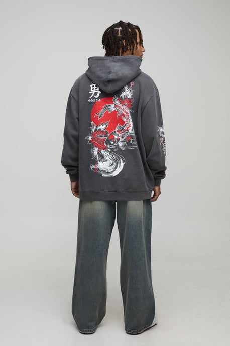 Washed Charcoal Oversized Dragon Floral Printed Hoodie - Image 2