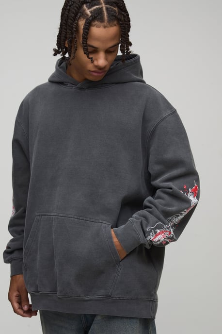 Washed Charcoal Oversized Dragon Floral Printed Hoodie - Image 3