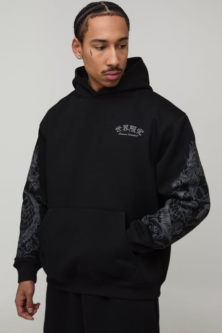 Oversized Dragon Graphic Puff Print Hoodie - Image 3