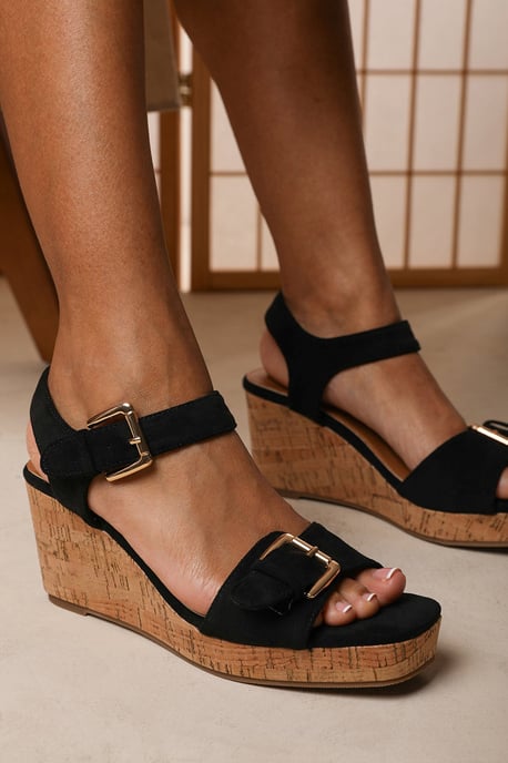 Where's That From Women's Olivine Double Strap Platform Black Suede Wedge - Image 6